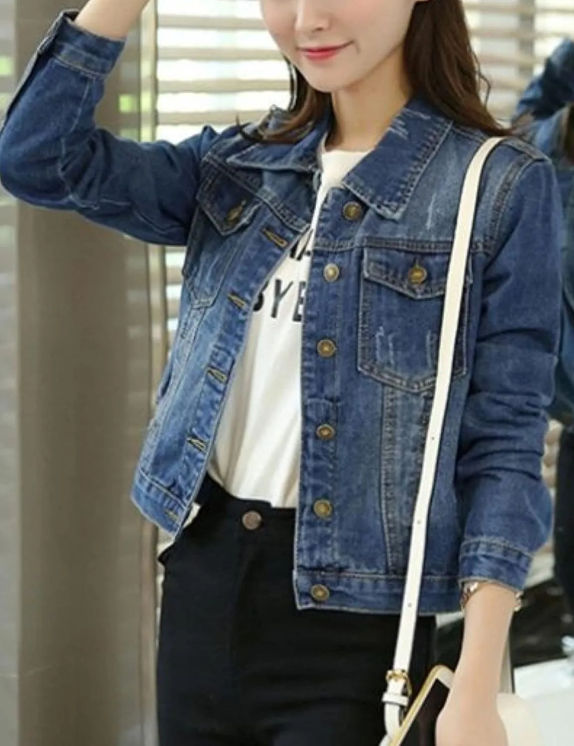 Unilexi Women's 3/4 Sleeve Colored Cropped Denim Jacket Light Wash Short Jean Jacket Trucker Coat