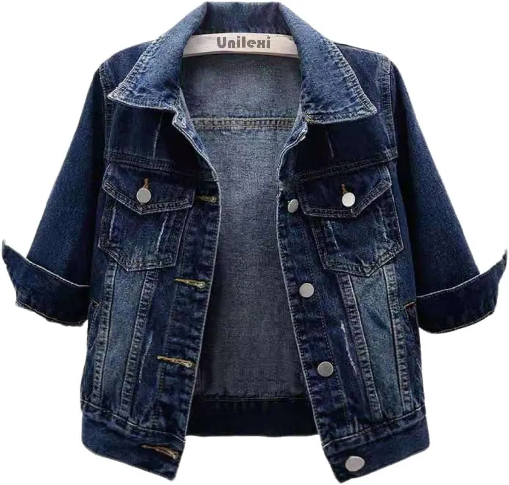 Unilexi Women's 3/4 Sleeve Colored Cropped Denim Jacket Light Wash Short Jean Jacket Trucker Coat