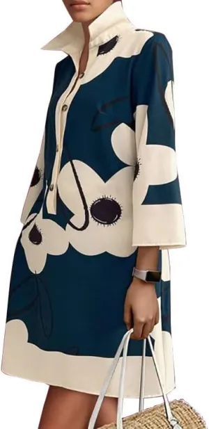 UOOZEE Summer Dresses for Women Casual Shirt Dress 3/4 Quarter Long Sleeve Printed Work Dress