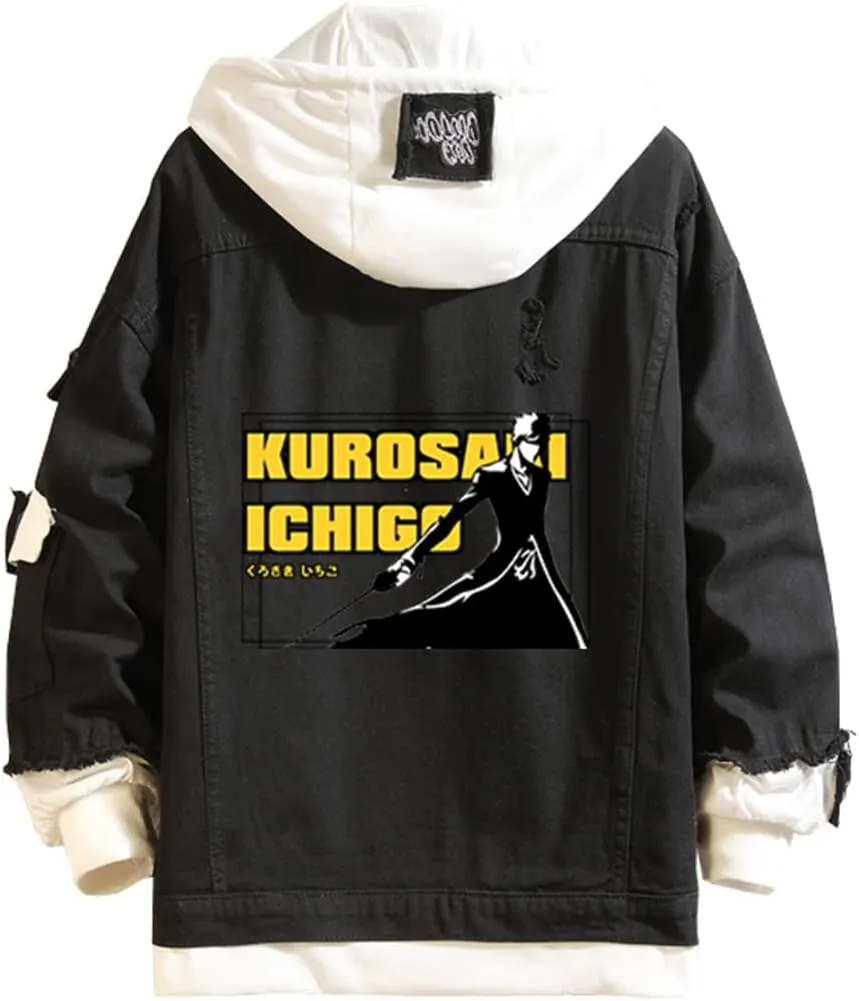 Urahara Kisuke Jeans Jacket Anime Kuchiki Rukia Cosplay Denim Jacket Hoodie Casual Ripped Novelty Coat for Unisex