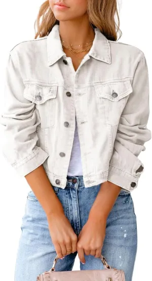 utcoco Women's Cropped Jean Jacket Long Sleeve Casual Button Down Denim Jacket
