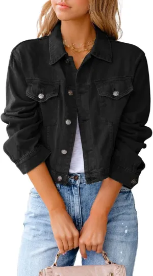 utcoco Women's Cropped Jean Jacket Long Sleeve Casual Button Down Denim Jacket