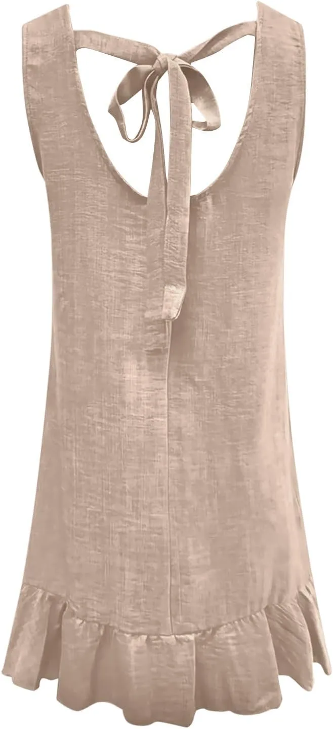 Vacation Dresses for Women 2025 Cute Halter Neck Mini Dress Sleeveless Solid Color Flowy Pleated Short Sundress