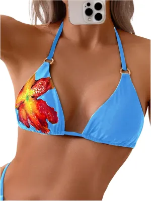 Verdusa Women's Floral Print Halter Bikini Top String Triangle Bra Swimsuit Tops