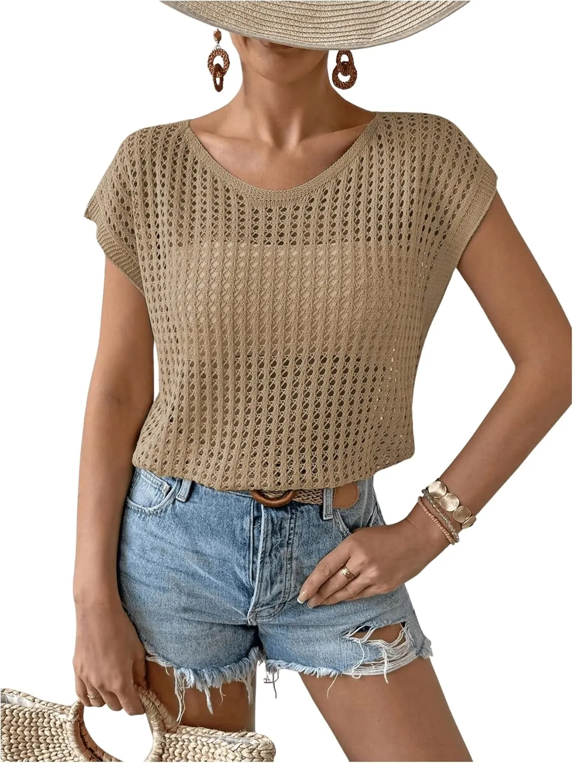 Verdusa Women's Hollow Out Sheer Knit Top Dolman Sleeve Pullover Cover Up