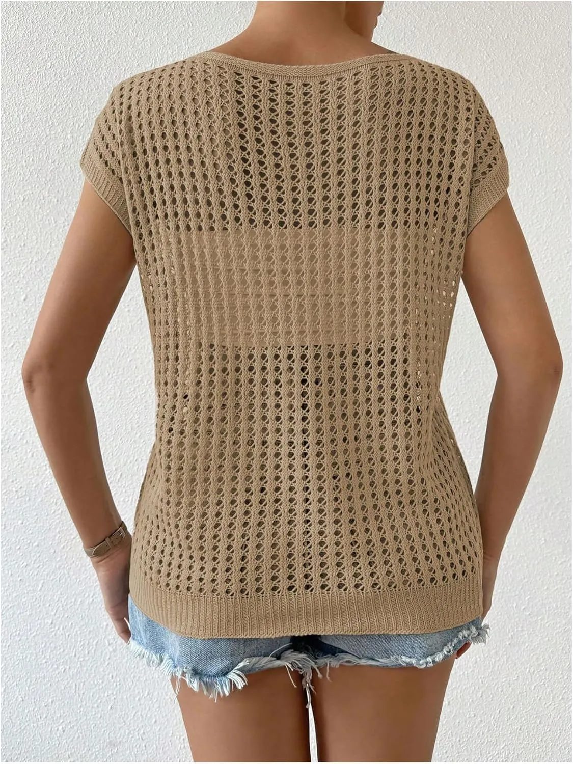 Verdusa Women's Hollow Out Sheer Knit Top Dolman Sleeve Pullover Cover Up