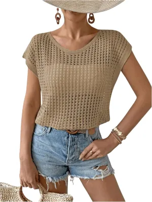 Verdusa Women's Hollow Out Sheer Knit Top Dolman Sleeve Pullover Cover Up