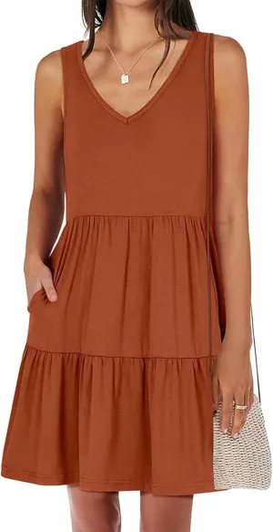 Vest Dress for Women Sleeveless V Neck Three-Layer Pleated Mini Dresses Summer Casual Beach Flared Sun Dress 2025