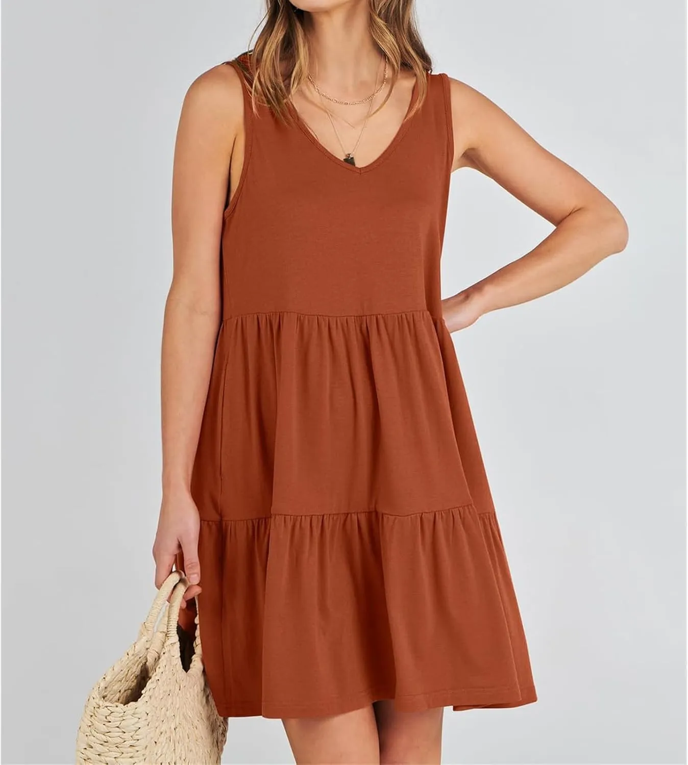 Vest Dress for Women Sleeveless V Neck Three-Layer Pleated Mini Dresses Summer Casual Beach Flared Sun Dress 2025
