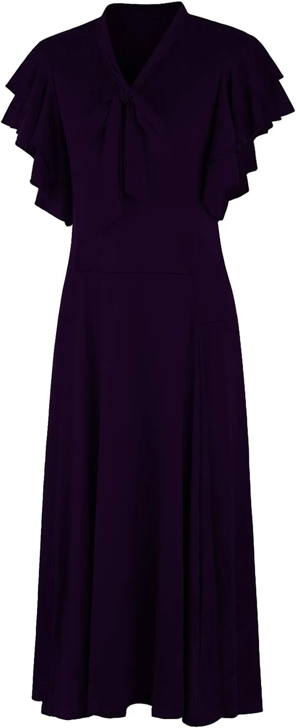 Vijiv Women's Vintage 1920s V Neck Long Bias Cut Sleeveless with Flutter Sleeves Bowknot Flapper Dress