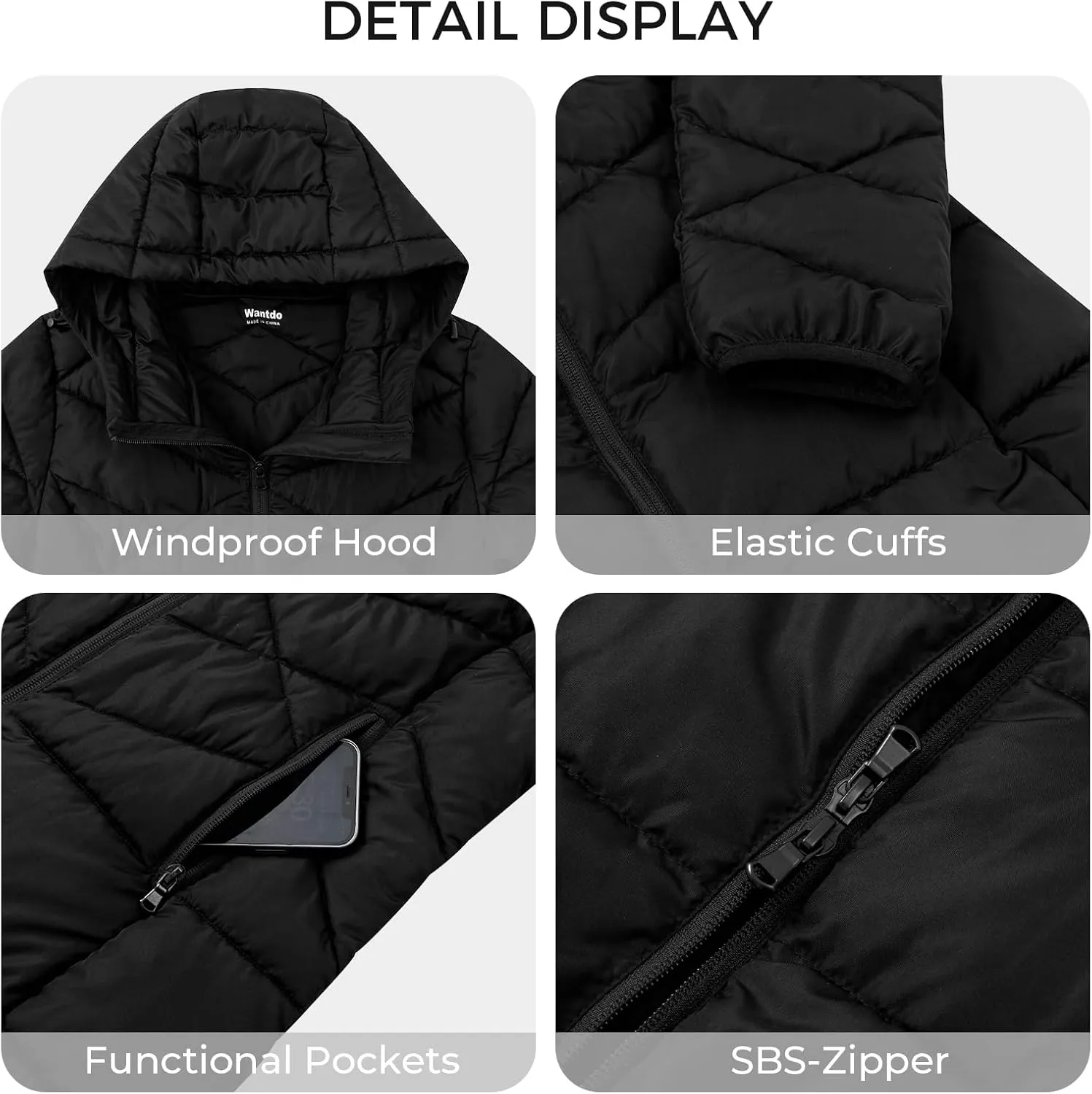 Wantdo Women's Packable Down Jacket Light Weight Puffer Coat Hip-Length Winter Coat