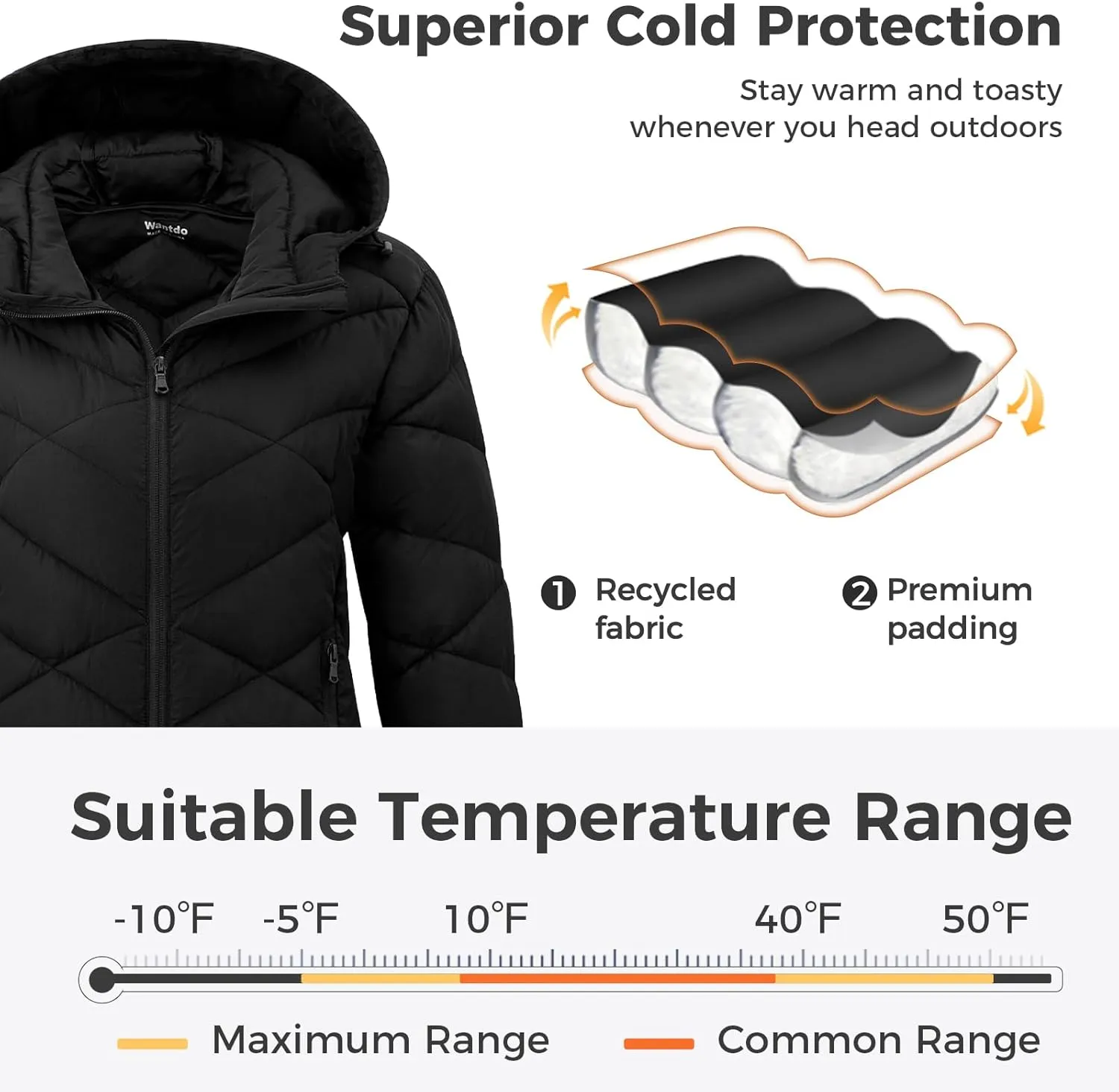Wantdo Women's Packable Down Jacket Light Weight Puffer Coat Hip-Length Winter Coat