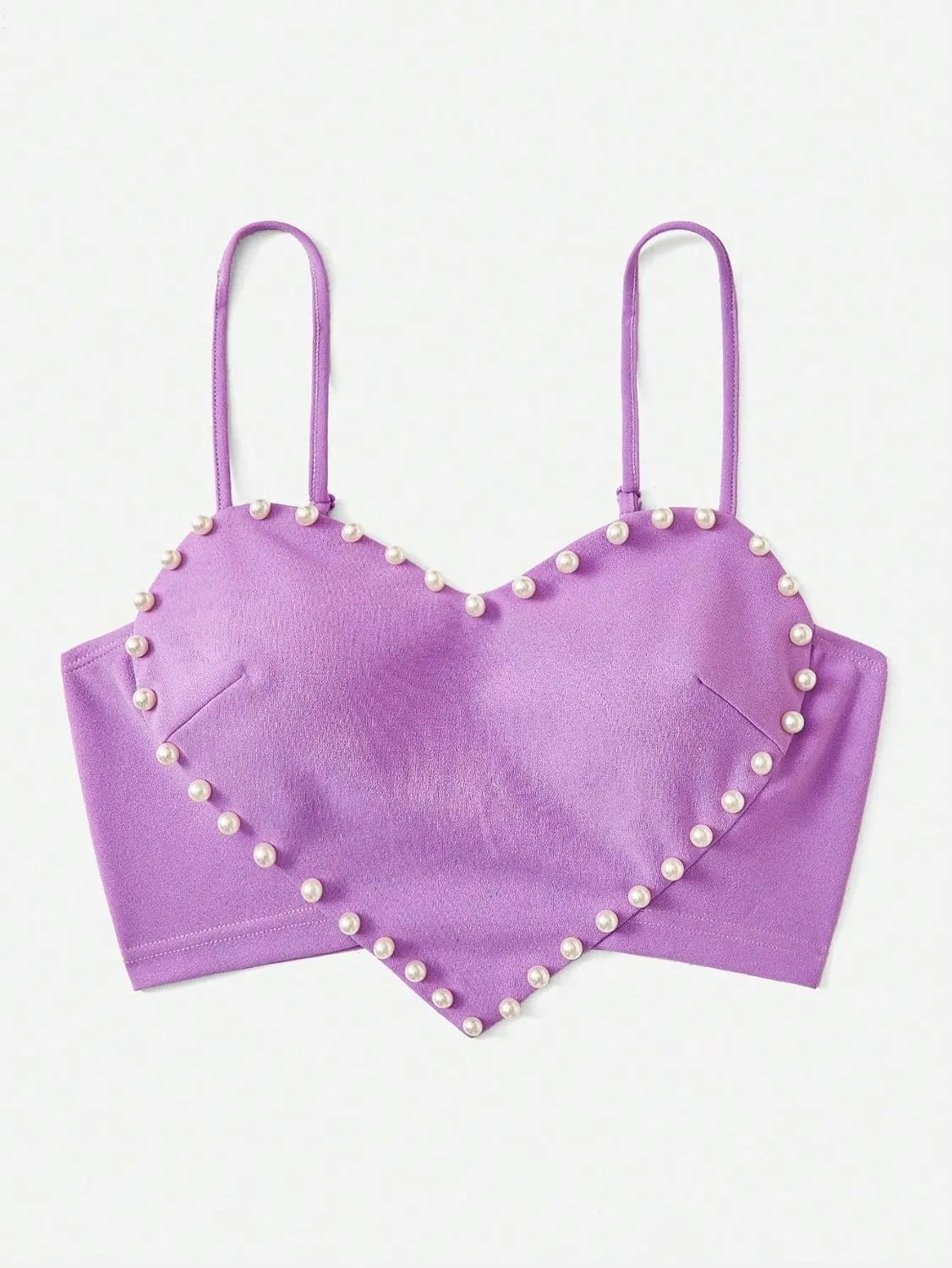 WDIRARA Women's Pearls Sleeveless Asymmetrical Hem Heart Crop Cami Top Sexy Camisole