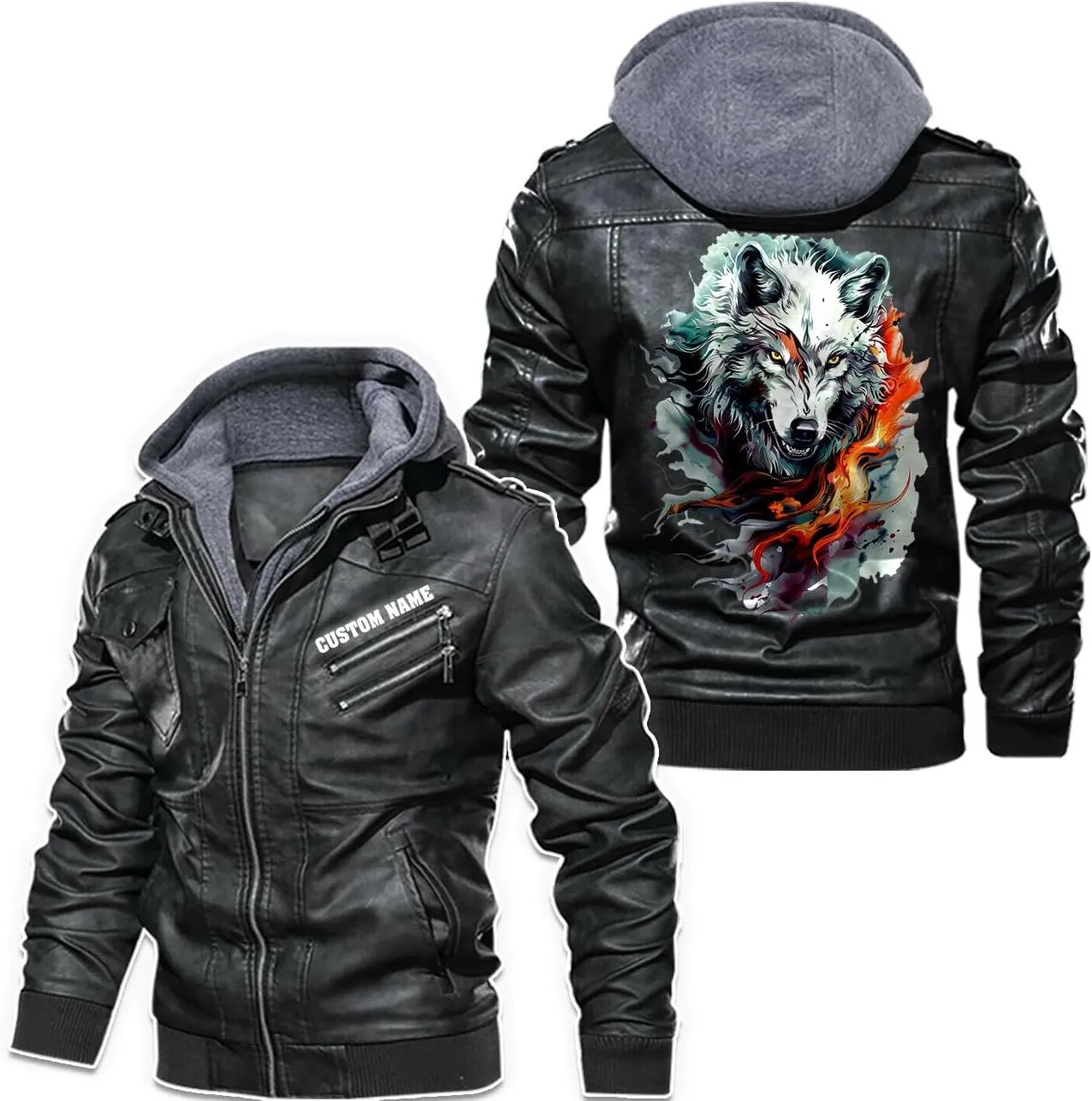 White Fire Wolf, Animal Art Motif Wolf, Motorcycle Custom Men PU Leather Vest Jacket