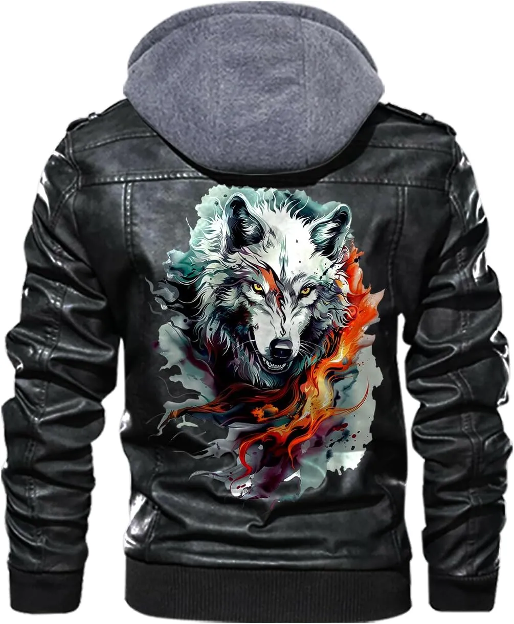 White Fire Wolf, Animal Art Motif Wolf, Motorcycle Custom Men PU Leather Vest Jacket