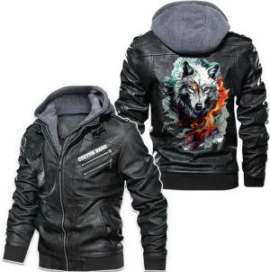 White Fire Wolf, Animal Art Motif Wolf, Motorcycle Custom Men PU Leather Vest Jacket