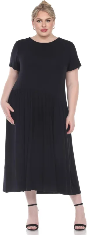 white mark Women's Plus Size Short Sleeve Jewel Neck Midi Dress