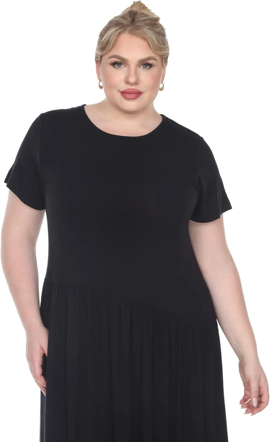 white mark Women's Plus Size Short Sleeve Jewel Neck Midi Dress