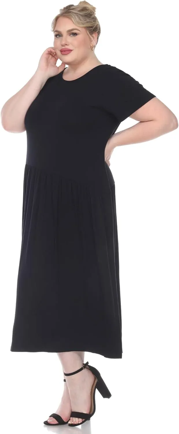 white mark Women's Plus Size Short Sleeve Jewel Neck Midi Dress