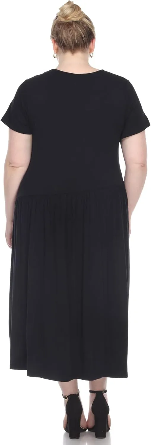white mark Women's Plus Size Short Sleeve Jewel Neck Midi Dress