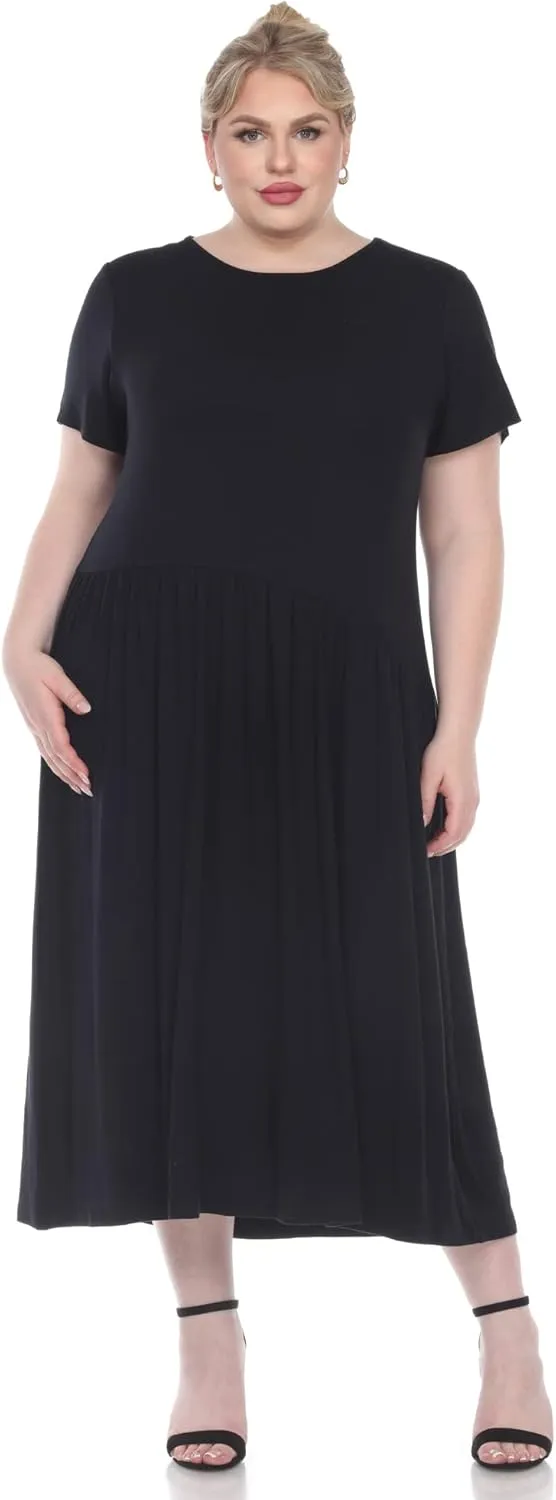 white mark Women's Plus Size Short Sleeve Jewel Neck Midi Dress