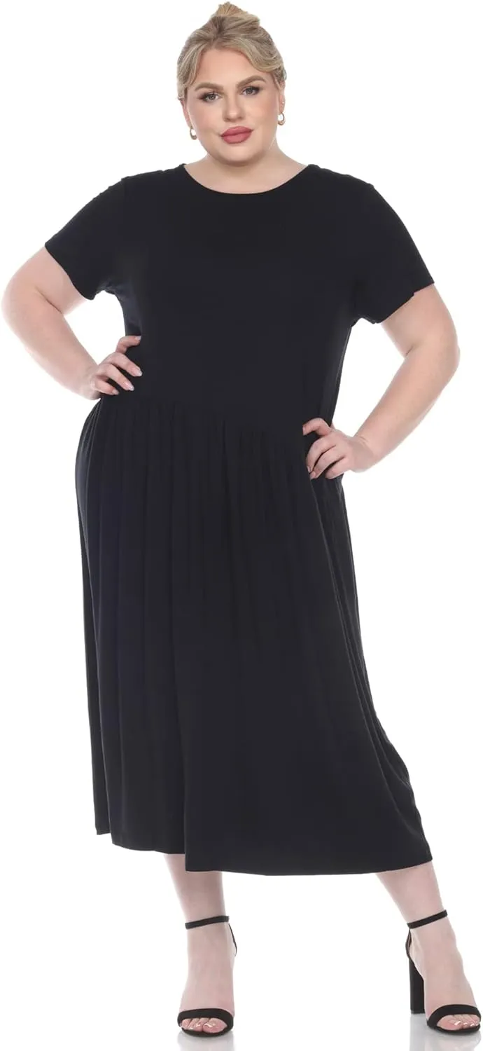 white mark Women's Plus Size Short Sleeve Jewel Neck Midi Dress