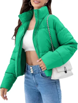 WHN Women' s Cropped Quilted Puffer Jacket Outerwear Coat Winter Warm Full Zipper Padded Jacket