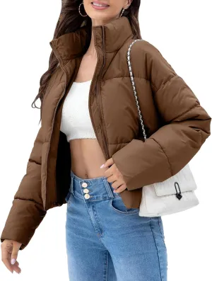 WHN Women' s Cropped Quilted Puffer Jacket Outerwear Coat Winter Warm Full Zipper Padded Jacket