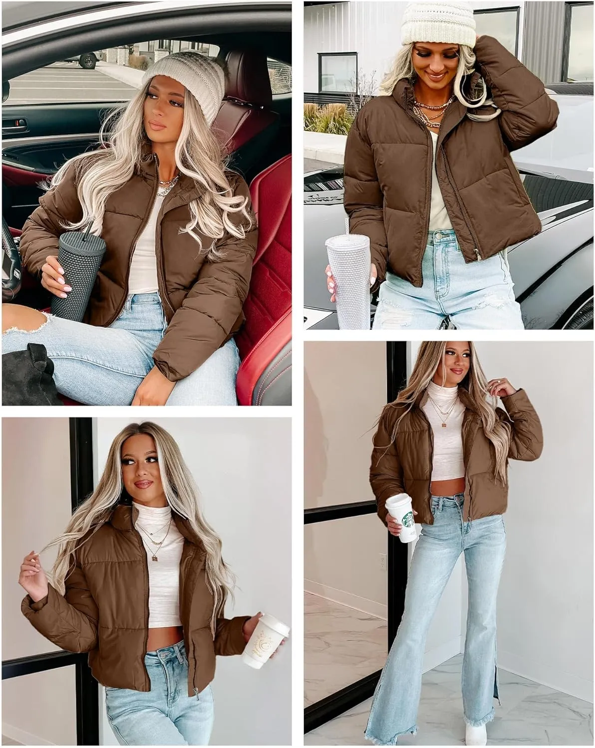 WHN Women' s Cropped Quilted Puffer Jacket Outerwear Coat Winter Warm Full Zipper Padded Jacket