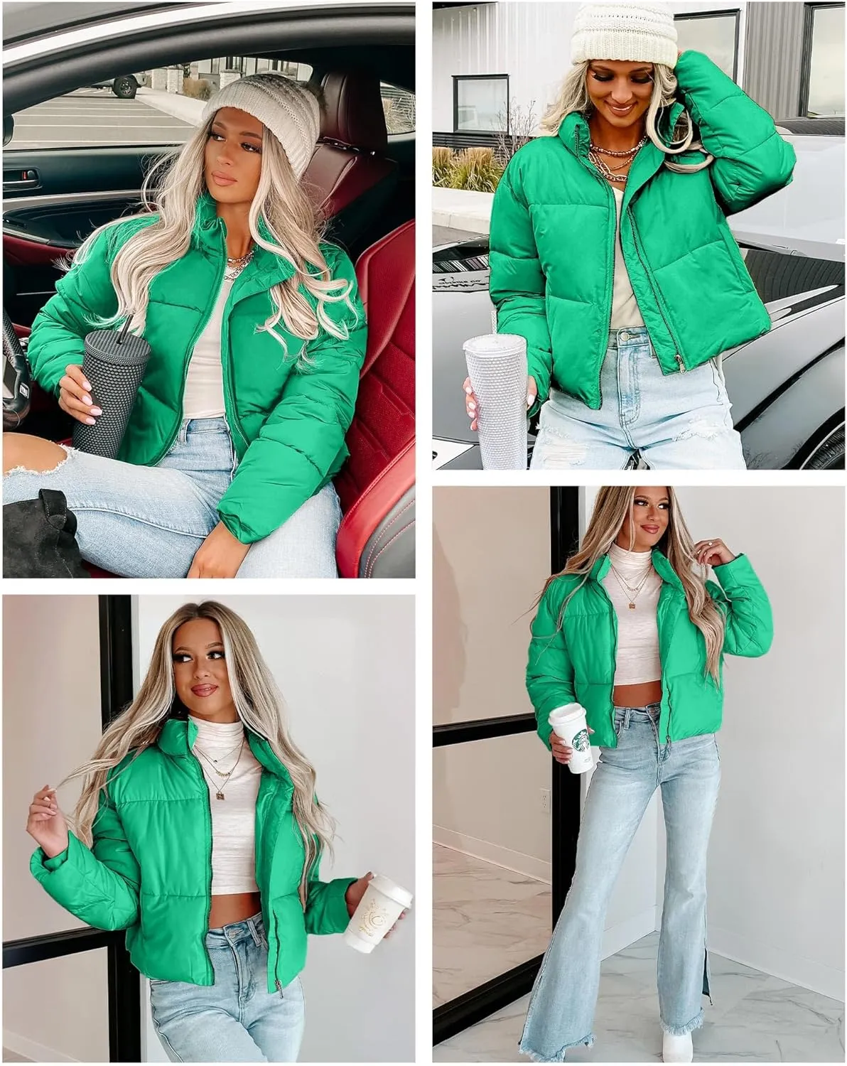 WHN Women' s Cropped Quilted Puffer Jacket Outerwear Coat Winter Warm Full Zipper Padded Jacket