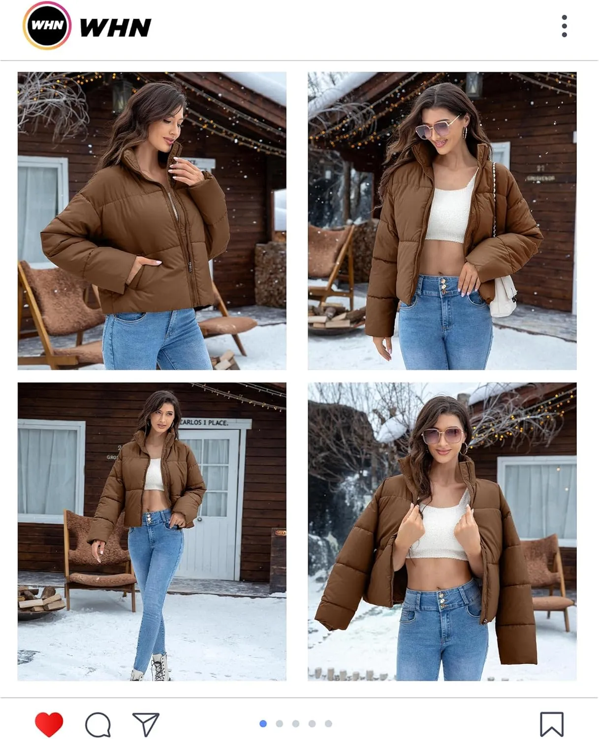WHN Women' s Cropped Quilted Puffer Jacket Outerwear Coat Winter Warm Full Zipper Padded Jacket