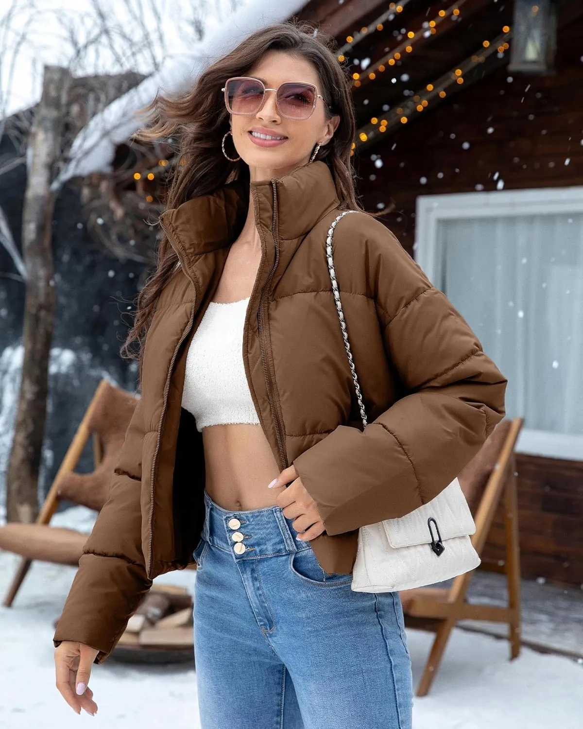 WHN Women' s Cropped Quilted Puffer Jacket Outerwear Coat Winter Warm Full Zipper Padded Jacket