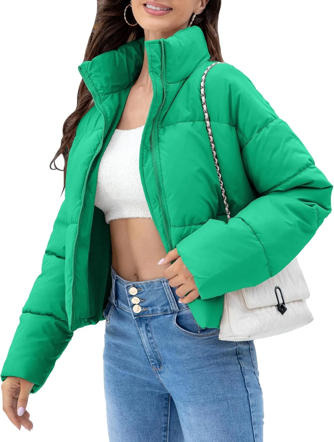 WHN Women' s Cropped Quilted Puffer Jacket Outerwear Coat Winter Warm Full Zipper Padded Jacket