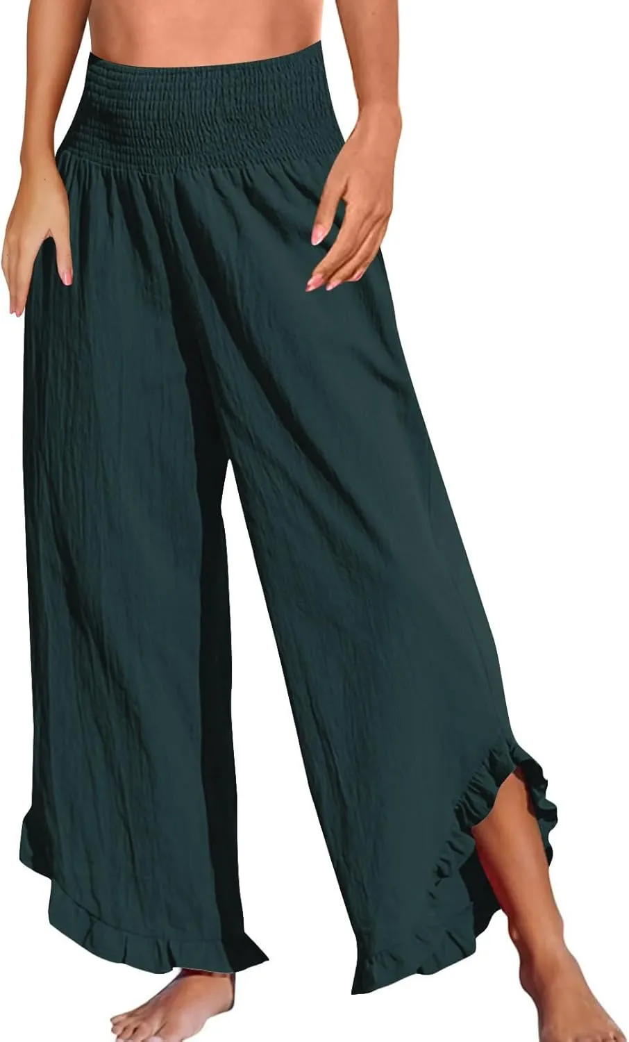 Wide Leg Linen Pants for Women Smocked High Waisted Palazzo Pants Lightweight Pleated Ruffle Hem Baggy Lounge Pants