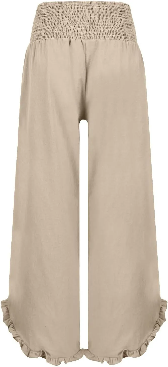 Wide Leg Linen Pants for Women Smocked High Waisted Palazzo Pants Lightweight Pleated Ruffle Hem Baggy Lounge Pants