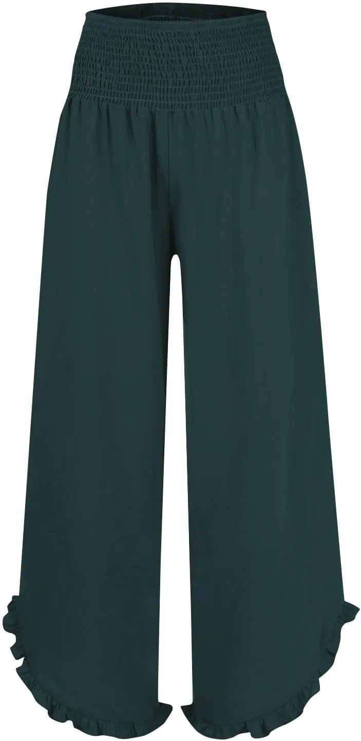 Wide Leg Linen Pants for Women Smocked High Waisted Palazzo Pants Lightweight Pleated Ruffle Hem Baggy Lounge Pants
