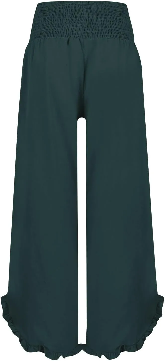 Wide Leg Linen Pants for Women Smocked High Waisted Palazzo Pants Lightweight Pleated Ruffle Hem Baggy Lounge Pants