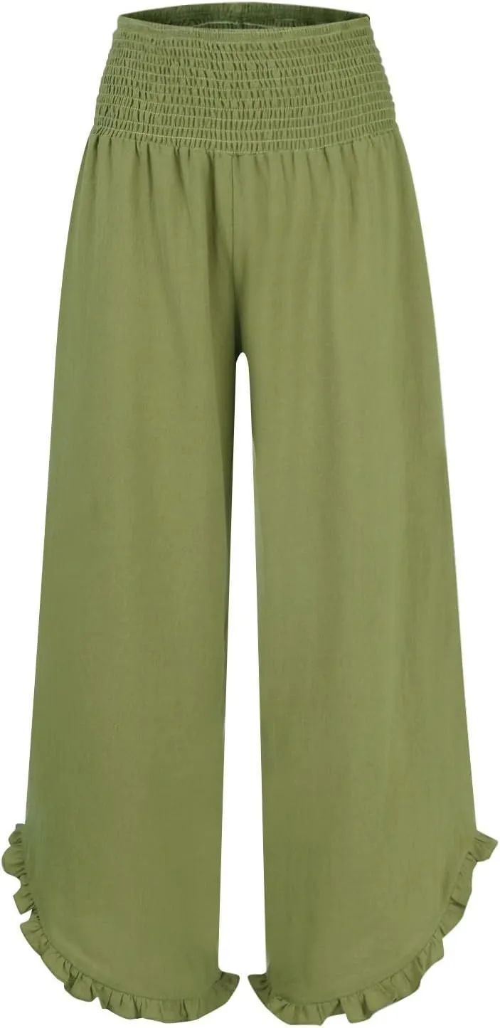 Wide Leg Linen Pants for Women Smocked High Waisted Palazzo Pants Lightweight Pleated Ruffle Hem Baggy Lounge Pants