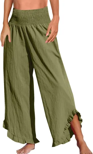 Wide Leg Linen Pants for Women Smocked High Waisted Palazzo Pants Lightweight Pleated Ruffle Hem Baggy Lounge Pants
