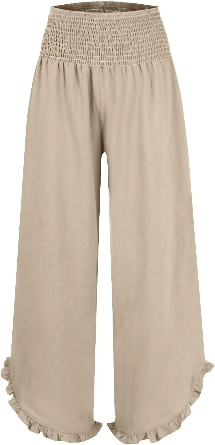 Wide Leg Linen Pants for Women Smocked High Waisted Palazzo Pants Lightweight Pleated Ruffle Hem Baggy Lounge Pants
