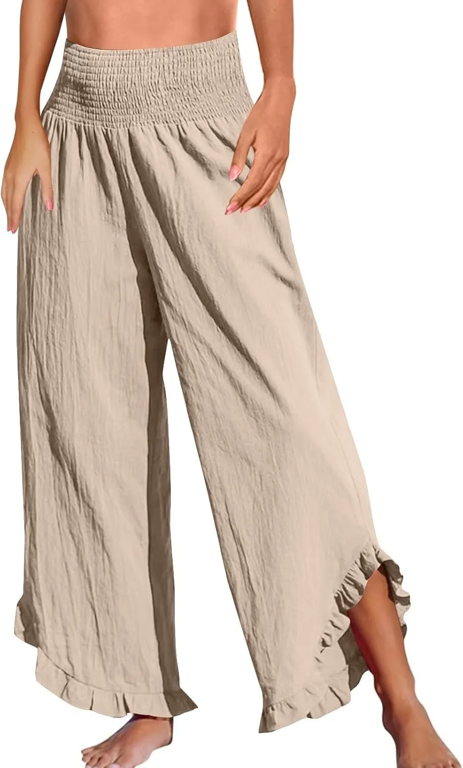 Wide Leg Linen Pants for Women Smocked High Waisted Palazzo Pants Lightweight Pleated Ruffle Hem Baggy Lounge Pants