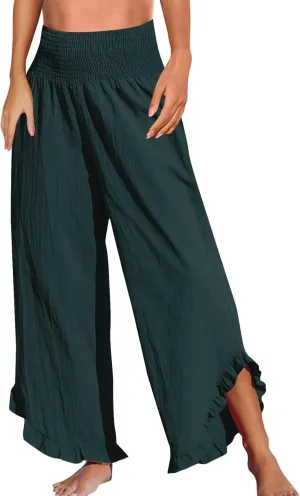 Wide Leg Linen Pants for Women Smocked High Waisted Palazzo Pants Lightweight Pleated Ruffle Hem Baggy Lounge Pants