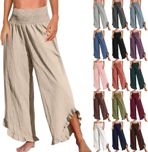 Wide Leg Linen Pants for Women Smocked High Waisted Palazzo Pants Lightweight Pleated Ruffle Hem Baggy Lounge Pants