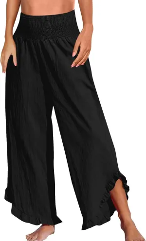 Wide Leg Pants for Women Pleated Smocked High Waisted Linen Palazzo Pants 2025 Summer Casual Ruffle Hem Lounge Pants