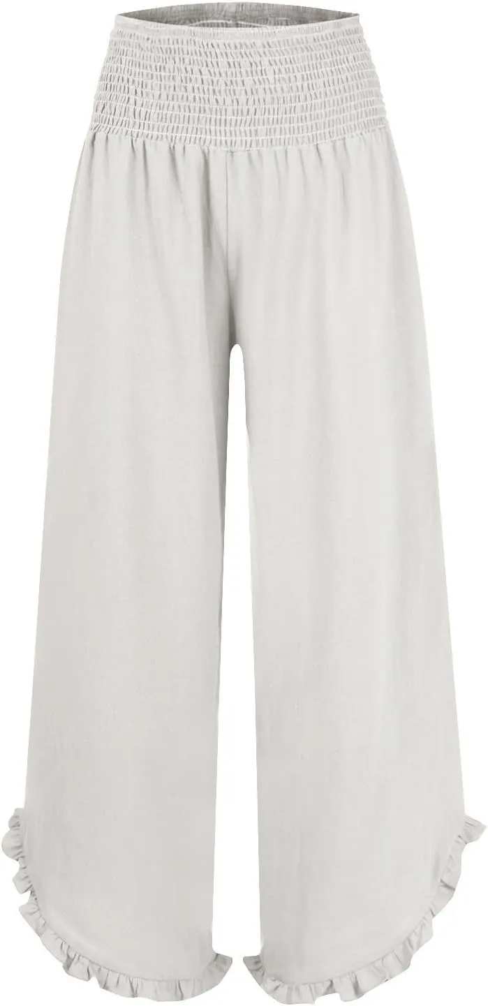 Wide Leg Pants for Women Pleated Smocked High Waisted Linen Palazzo Pants 2025 Summer Casual Ruffle Hem Lounge Pants