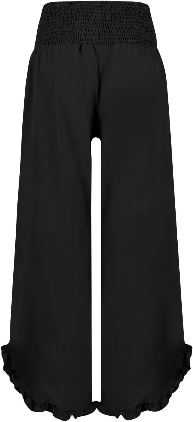 Wide Leg Pants for Women Pleated Smocked High Waisted Linen Palazzo Pants 2025 Summer Casual Ruffle Hem Lounge Pants