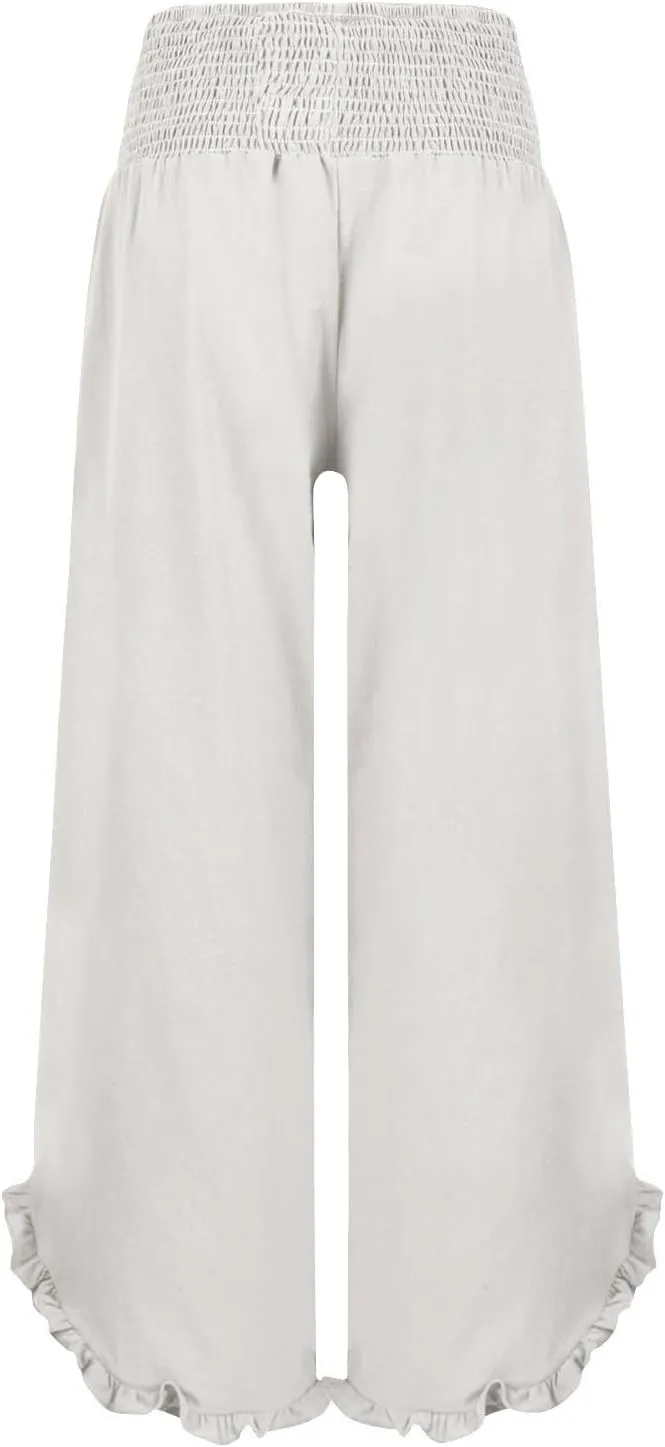Wide Leg Pants for Women Pleated Smocked High Waisted Linen Palazzo Pants 2025 Summer Casual Ruffle Hem Lounge Pants