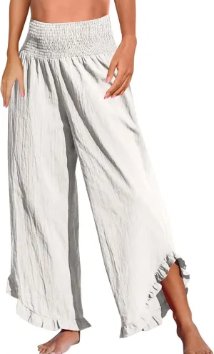 Wide Leg Pants for Women Pleated Smocked High Waisted Linen Palazzo Pants 2025 Summer Casual Ruffle Hem Lounge Pants
