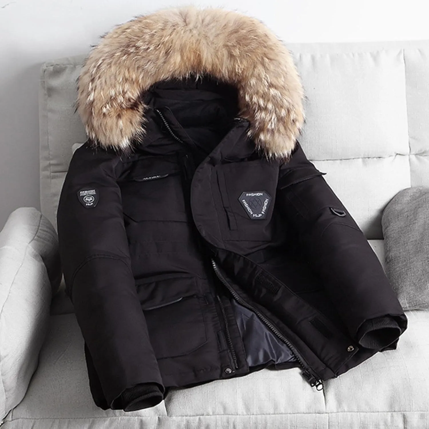 Winter Down Jacket Roll Sleeve Utility Jacket Warm Hooded Jacket Heavy Weight Mens