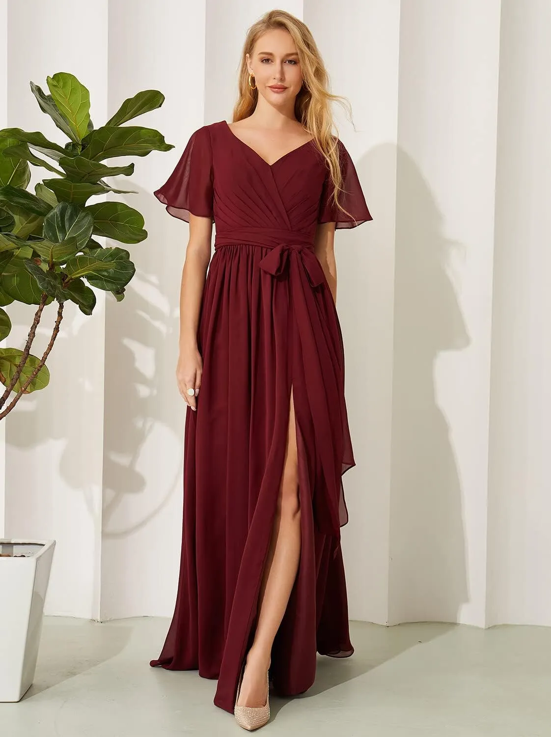 WIOJEIGO Bridesmaid Dresses for Women Long Chiffon with Sleeves Formal Evening Gowns Plus Size Wedding Guest Dress